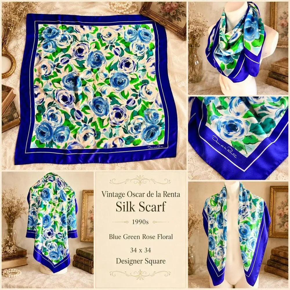 Vintage Oscar de la Renta Silk Scarf 1990s Blue Green Rose Floral 34x34 Square